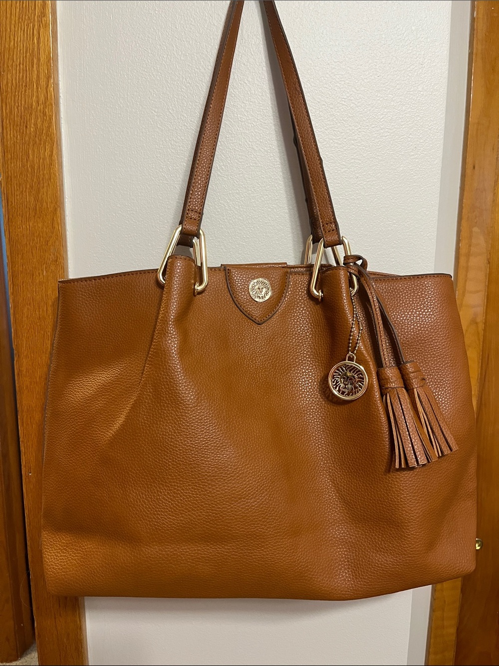 Anne Klein Cognac Pebbled Leather Shoulder Tote with Gold Accents